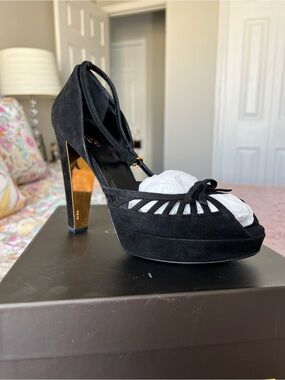 Gucci Black Suede Platform T-Strap High Heels with Gold Block Heel